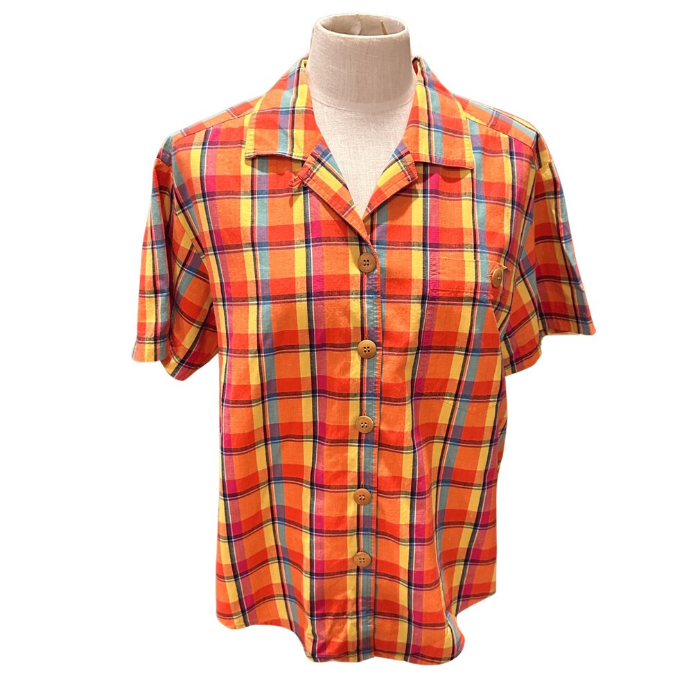 Vintage 90s Madras Plaid Shirt Cotton Button Up Unisex Preppy M/L